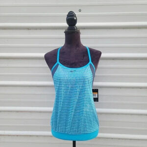 NWT Nike Striped Layered Tankini Top Swim Women Tank Racerback Blue Navy White S